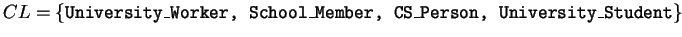 $CL = \{ \mbox{\texttt{University\_Worker, School\_Member, CS\_Person,\\
\ University\_Student}} \}$